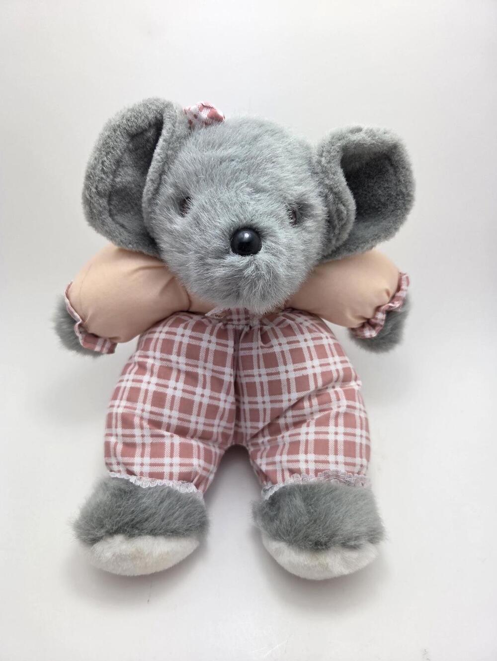 Vintage Gray Mouse Plush, Plaid Outfit, Vintage Collectible (8 inch)